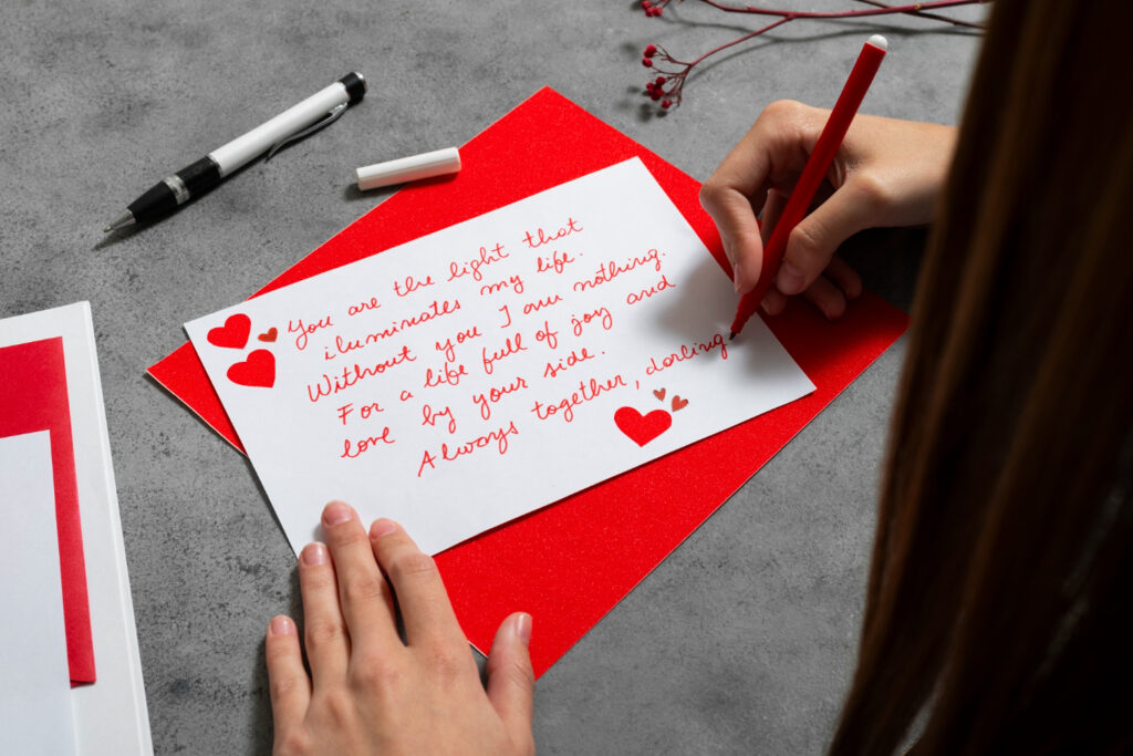 a woman writing a romatic love letter 