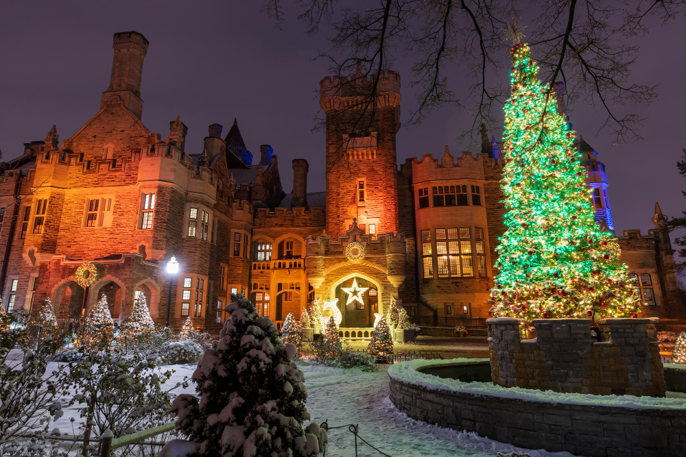 casa loma winter night illumination historic castle in toronto city ontario canada