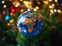 a globe ornament hanging from a christmas tree