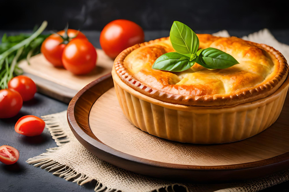 a canadian meat pie with basil leaves on a wooden plate