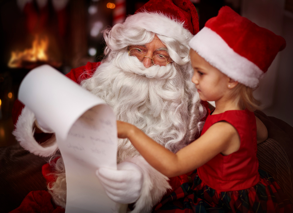 Santa and a little girl looking at a list