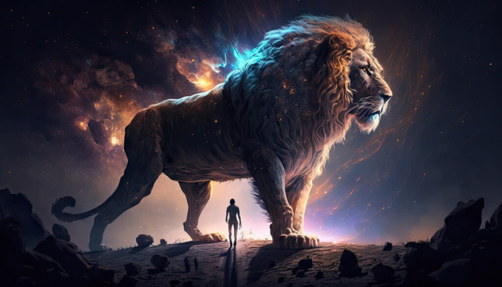 space lion in space godlike creature cosmic awe inspiring dreamy digital illustration generative ai