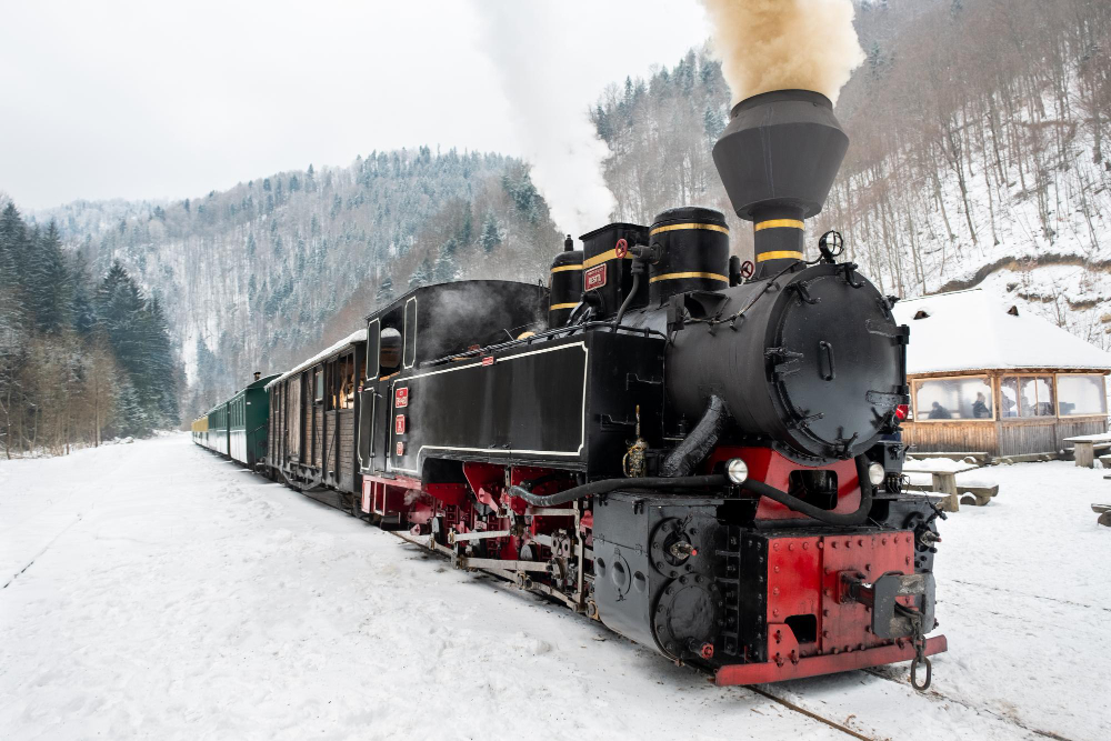 view of the woundup steam train mocanita on a railway station in winter snow