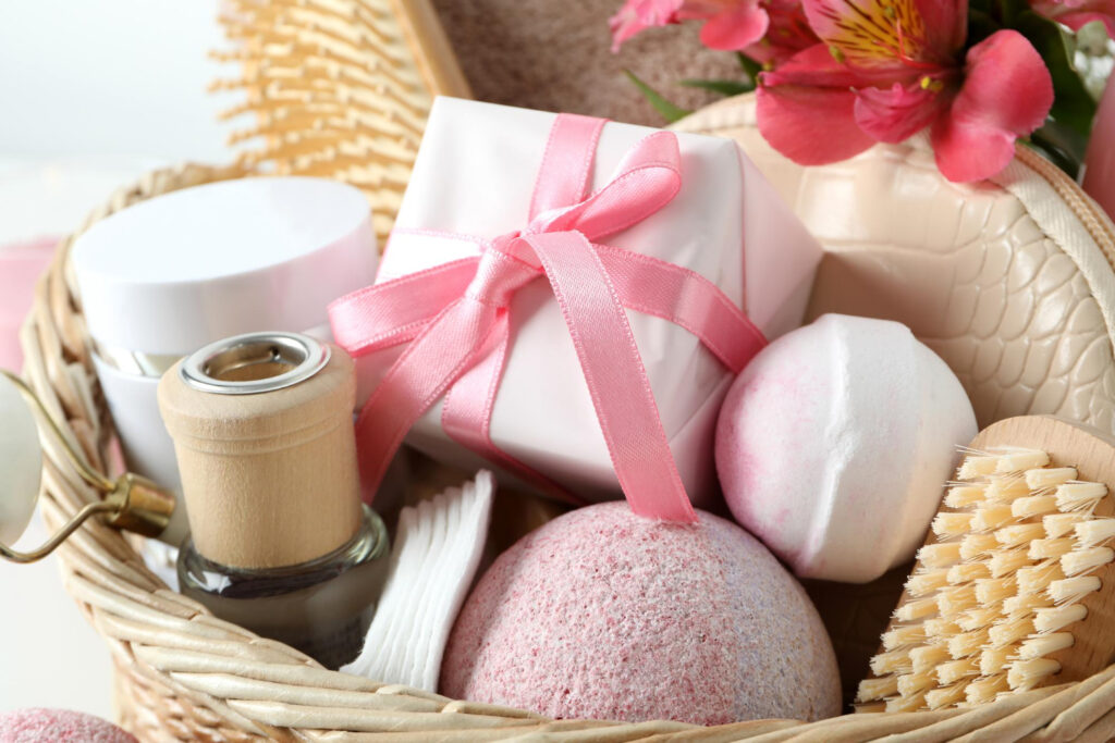 gift with basket of cosmetics, close up