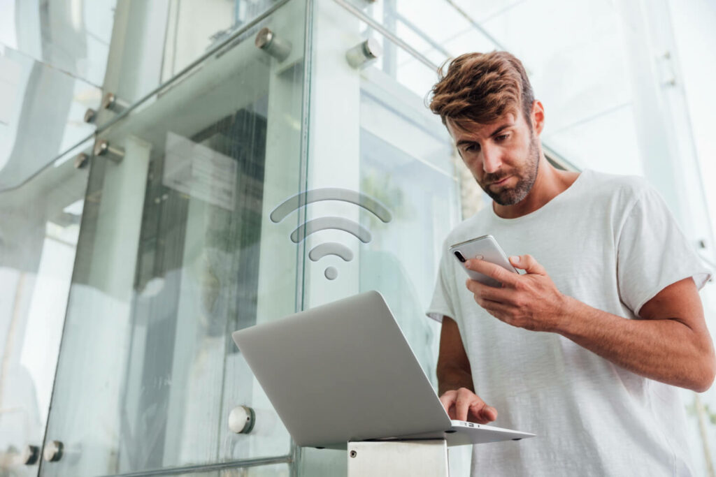 a man searching for internet connection