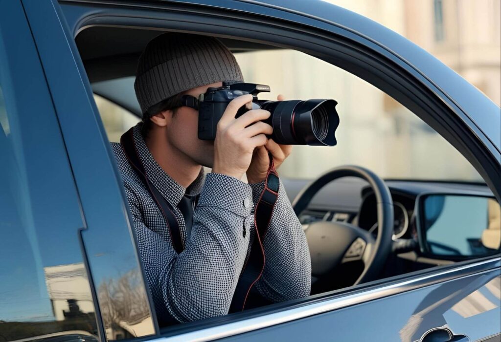 Discreet investigator with camera photographing from car window—nothing too obvious or cheesy