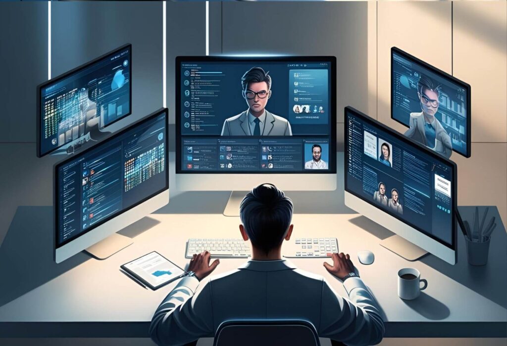 Investigator working at computer with multiple screens showing database searches and social media profiles
