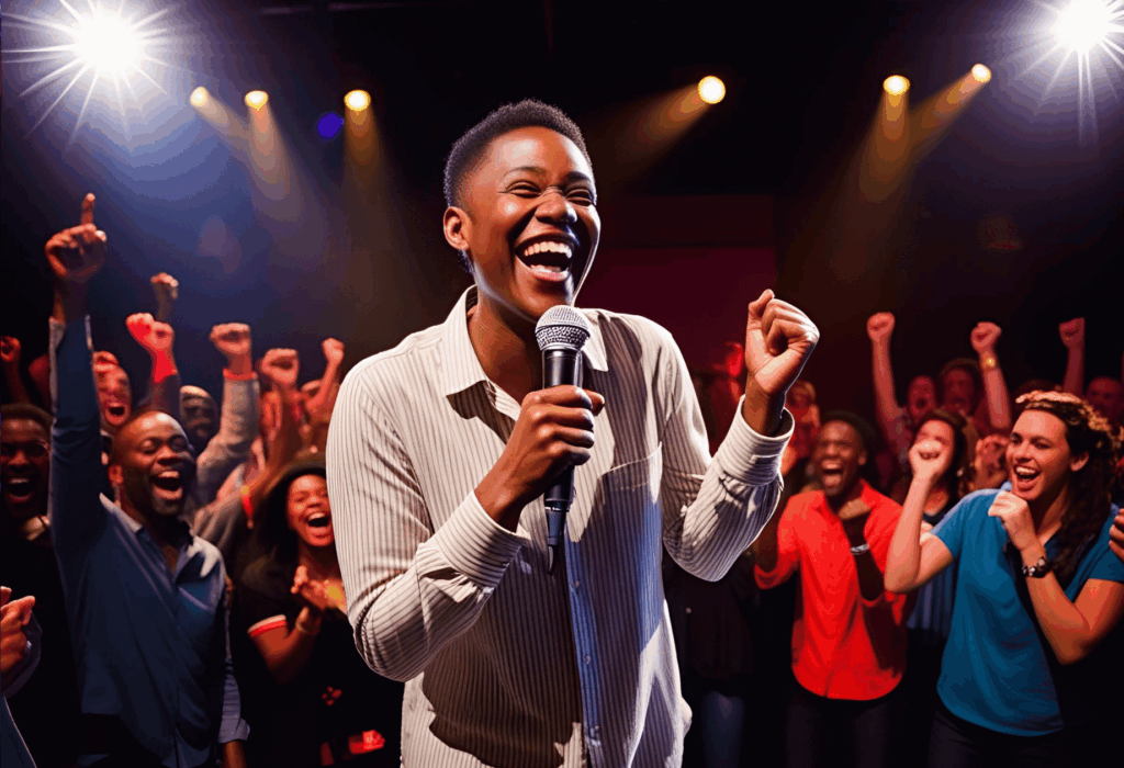 a comedy speaker laughing at her own jokes, you can see the people in the backround